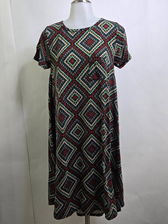 LuLaRoe Dresses & Skirts - LuLaRoe Carly dress Small Red Green Geometric T Shirt Dress A-line Short Sleeve